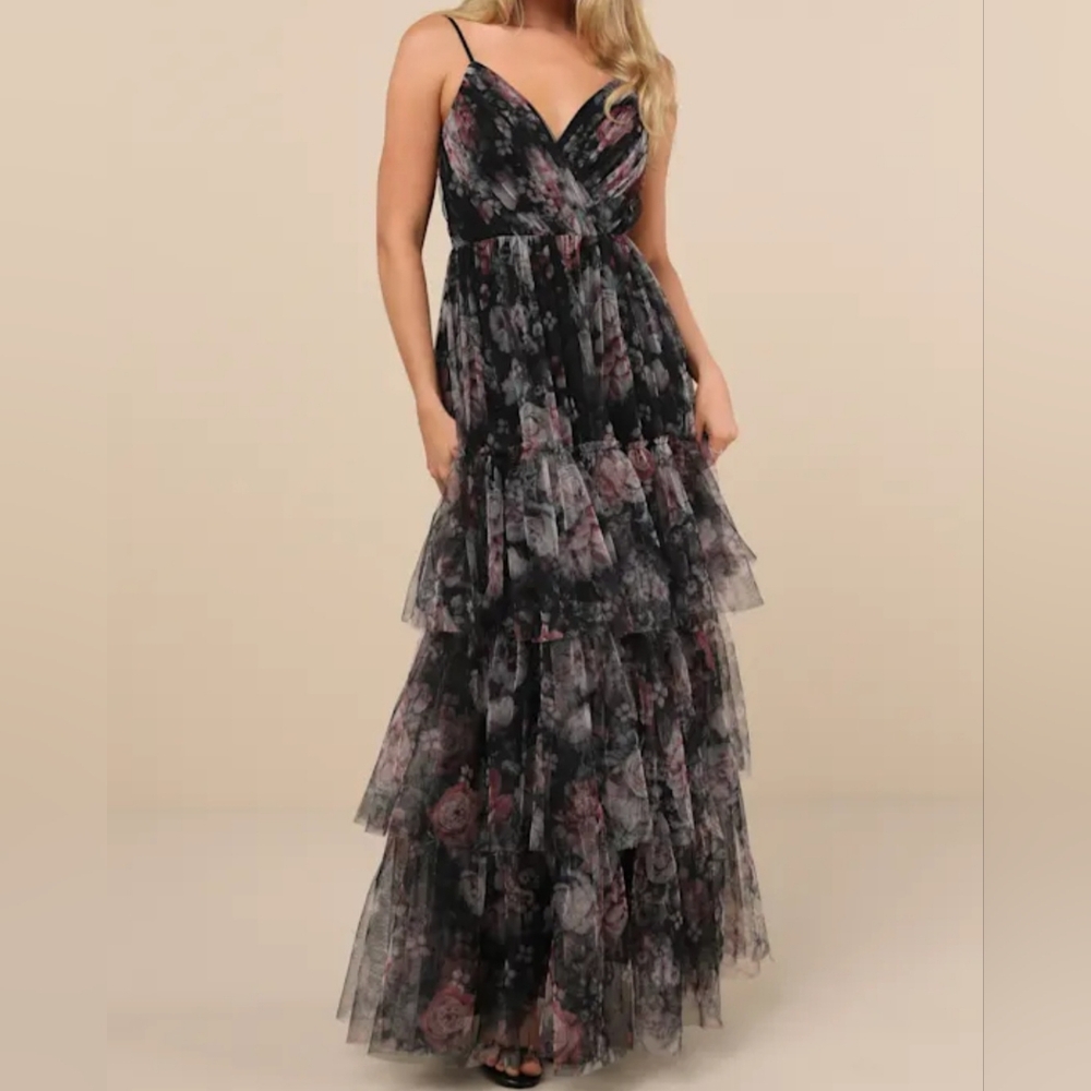 LULUS Elegant Black and Pink Floral Tiered Dress